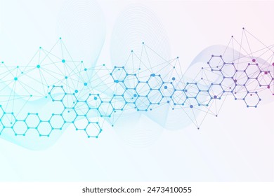 Fondo científico moderno con hexágonos, líneas y puntos. Fondo abstracto de flujo de onda. Estructura molecular para medicina, tecnología, química, ciencia. Ilustración vectorial