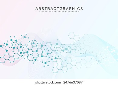 Modern scientific background with hexagons, lines and dots. Wave flow abstract background. Molecular structure for medical, technology, chemistry, science. Vector illustration