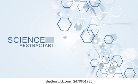 Modern scientific background with hexagons, lines and dots. Wave flow abstract background. Molecular structure for medical, technology, chemistry, science. Vector illustration