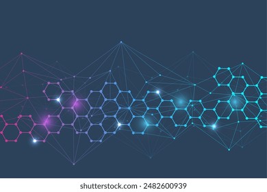 Modern scientific background with hexagons, lines and dots. Wave flow abstract background. Molecular structure for medical, technology, chemistry, science. Vector illustration