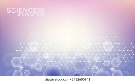 Modern scientific background with hexagons, lines and dots. Wave flow abstract background. Molecular structure for medical, technology, chemistry, science. Vector illustration