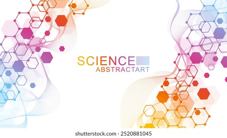 Fondo científico moderno con hexágonos, líneas y puntos. Fondo abstracto de flujo de onda. Estructura molecular para medicina, tecnología, química, ciencia. Ilustración vectorial