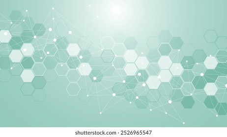 Moderno fundo científico com hexágonos, linhas e pontos. Plano de fundo abstrato do fluxo de ondas. Estrutura molecular para medicina, tecnologia, química, ciência. Ilustração vetorial