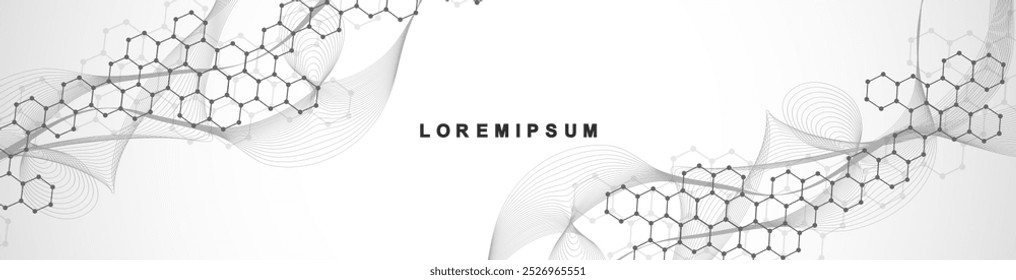 Modern scientific background with hexagons, lines and dots. Wave flow abstract background. Molecular structure for medical, technology, chemistry, science. Vector illustration