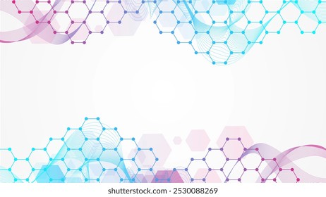 Moderno fundo científico com hexágonos, linhas e pontos. Plano de fundo abstrato do fluxo de ondas. Estrutura molecular para medicina, tecnologia, química, ciência. Ilustração vetorial