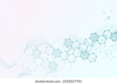 Fondo científico moderno con hexágonos, líneas y puntos. Fondo abstracto de flujo de onda. Estructura molecular para medicina, tecnología, química, ciencia. Ilustración vectorial