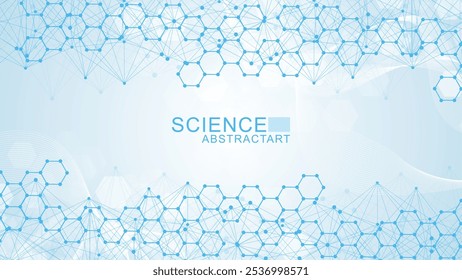 Modern scientific background with hexagons, lines and dots. Wave flow abstract background. Molecular structure for medical, technology, chemistry, science. Vector illustration