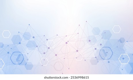 Fondo científico moderno con hexágonos, líneas y puntos. Fondo abstracto de flujo de onda. Estructura molecular para medicina, tecnología, química, ciencia. Ilustración vectorial
