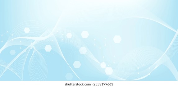 Moderno fundo científico com hexágonos, linhas e pontos. Plano de fundo abstrato do fluxo de ondas. Estrutura molecular para medicina, tecnologia, química, ciência. Ilustração vetorial