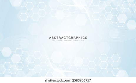 Modern scientific background with hexagons, lines and dots. Wave flow abstract background. Molecular structure for medical, technology, chemistry, science. Vector illustration