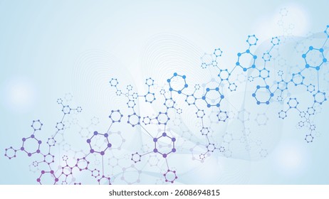 Modern scientific background with hexagons, lines and dots. Wave flow abstract background. Molecular structure for medical, technology, chemistry, science. Vector illustration