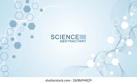 Modern scientific background with hexagons, lines and dots. Wave flow abstract background. Molecular structure for medical, technology, chemistry, science. Vector illustration