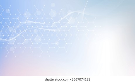 Moderno fundo científico com hexágonos, linhas e pontos. Plano de fundo abstrato do fluxo de ondas. Estrutura molecular para medicina, tecnologia, química, ciência. ilustração