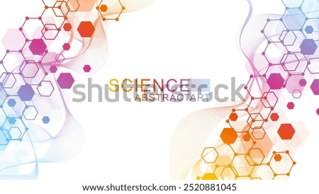 Modern scientific background with hexagons, lines and dots. Wave flow abstract background. Molecular structure for medical, technology, chemistry, science. Vector illustration