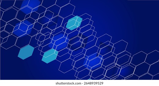 Moderno científico com formas hexágono e partículas brilhantes. Estrutura molecular, visualização de grandes volumes de dados, conexão de rede digital,