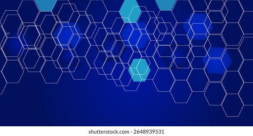 Moderno científico com formas hexágono e partículas brilhantes. Estrutura molecular, visualização de grandes volumes de dados, conexão de rede digital,