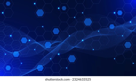 Modern scientific with hexagons, glowing particles and wave. Molecular structure for medical, chemistry, science and technology background design. Vector illustration.