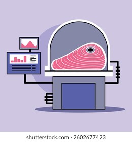 Modern scientific setup of machine analyzing meat with colorful patterns on screen. Blend of food innovation and technology in laboratory setting concept