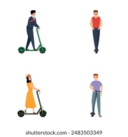 Modern scooter icons set cartoon vector. Man and woman riding electric scooter. Ecology transport