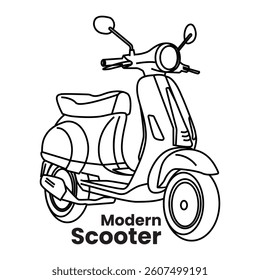 Modern Scooter Motor Cycle, Automatic Scooter Italy Hand Drawn Vector Outline line Art Illustration