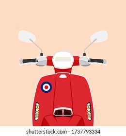 Modern scooter in red color illustration isolated on pastel orange background, front view, flat style, vector