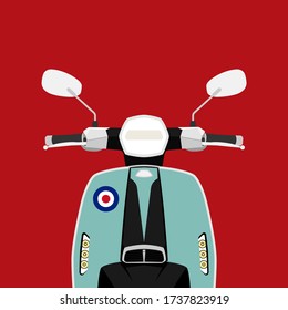 Modern scooter in two tone turquoise green and black color illustration isolated on red background, front view, flat style, vector