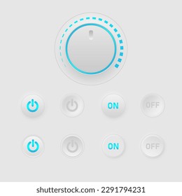 Modern screen interface The knob has a level indicator and a set of switches. circle rubber button clean center light icon gray background