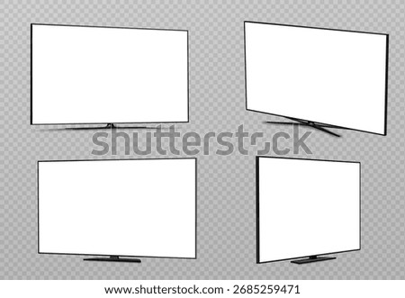 Modern screen tv mockup set with blank white displays and black frames - flat panel monitors on stands from different angles. Television set templates for presentation design. Electronic device.