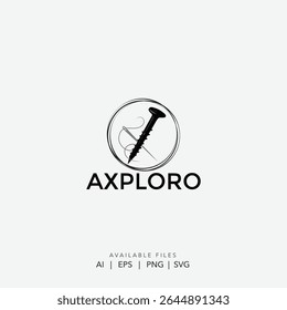 Logotipo moderno de parafuso e agulha, prendedor versátil e ícone de ferramenta de costura, logotipo minimalista de parafuso e linha