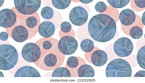 Modern scribble round shapes of lines seamless pattern graphic design. Textile print. Bubbles doodling. Group of circles scribbling. Circular shapes of scribble lines repeating pattern.