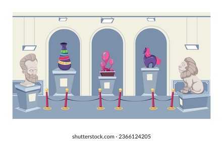 Modern sculpture exhibition at museum vector illustration. Drawing of sculptural showcase at gallery, sculptures of human head, lion, horse, vase and abstract shape. Creativity, art exhibition concept