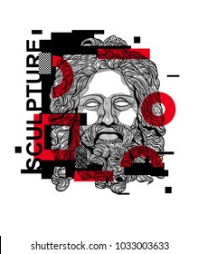 Modern sculpture / Glitch / Geometry. T-Shirt Design & Printing, clothes, beachwear. Vector illustration hand drawn. Zeus. 