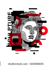 Modern sculpture / Glitch / Geometry. T-Shirt Design & Printing, clothes, beachwear. Vector illustration hand drawn.  Alexander Makedonsky. 