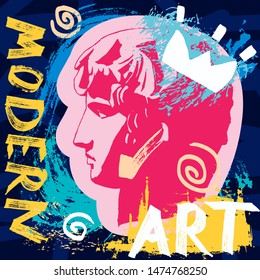 Modern Sculpture T Shirt Design, Printing, clothes, tee shirt, posters, invitations, cards, street art. Vector illustration hand drawn. Antinous modern crown doodle sketch style fashion.