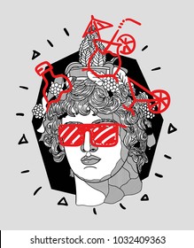 Modern Sculpture. T-Shirt Design & Printing, clothes, bags, posters, invitations, cards, leaflets etc. Vector illustration hand drawn. Dionysus or Bacchus.