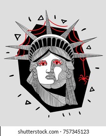 Modern Sculpture. T-Shirt Design & Printing, clothes, bags, posters, invitations, cards, leaflets etc. Vector illustration hand drawn. Statue of Liberty with spider.  