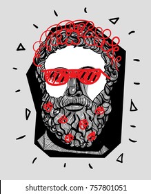 Escultura moderna. T-Shirt Design & Impressão, roupas, bolsas, cartazes, convites, cartões, folhetos etc ilustração vetorial desenhada à mão. Filósofo com boné e barba com flores. Hipster