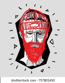Modern Sculpture. T-Shirt Design & Printing, clothes, bags, posters, invitations, cards, leaflets etc. Vector illustration hand drawn. Tesla with cap and beard. Hipster 
