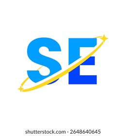 Modern SE monogram logo with dynamic yellow swoosh and stars, symbolizing innovation, motion, and excellence. Perfect for tech or space-themed branding.