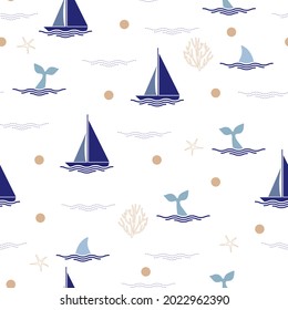 Modern sea background with whale tail, ship, wave and ocean elements. Seamless pattern, vector illustration, EPS 10