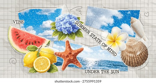Modern sea collage with sea wave, sky, doodles and adhesive tape on notebook sheet. Trendy vector paper cutout summer elements with stipple effect.