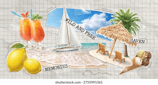 Modern sea collage with sea wave, sky, doodles and adhesive tape on notebook sheet. Trendy vector paper cutout summer elements with stipple effect.