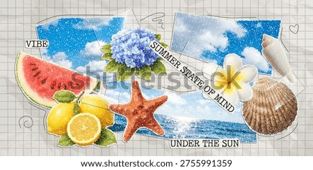 Modern sea collage with sea wave, sky, doodles and adhesive tape on notebook sheet. Trendy vector paper cutout summer elements with stipple effect.