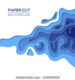 Modern sea, ocean paper cut art design template with cartoon abstract blue waves splash, isolated on white. Background for flyers, banners, presentations and posters. Vector illustration