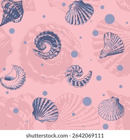 Modern sea shells, clams seamless printable pattern. Hand drawn organic fossil pattern ideas for backdrops, home decor, textile, poster, banner, templates, brochure, carpet and rugs.