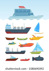 Modern sea ships and boats flat illustrations set. Different water transport collection. Marine vehicles pack. Motorboat, yacht, rowboat. Waterborne vessels. Submarine isolated on white background