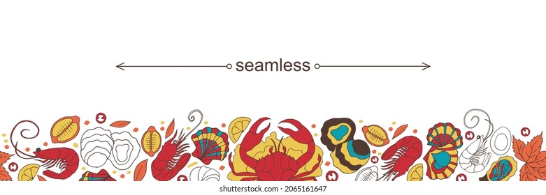 El doodle moderno de mariscos es un patrón impecable. Plantilla para restaurante, cafetería, cafetería, bar.