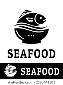 Modern seafood logo design featuring an abstract illustration of a fish on a bowl, in black and white style