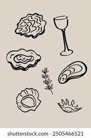 Modern seafood poster. Hand drawn vector doodle with clams, oysters, mussels, glass of wine, rosemary. For card, menu, print. The image created without the use of any artificial intelligence software