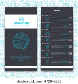 Modern Seafood Restaurant, Cafe Brochure Menu Vector Template With Line Sea Food Icons. Mussel And Crab, Salmon And Squid Illustration